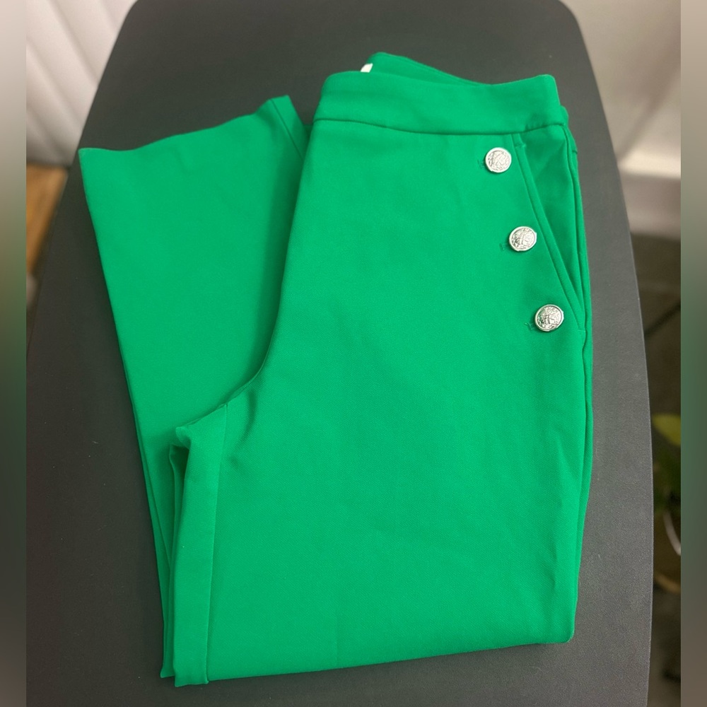 Stretchy Cropped Rachel Zoe Green Pants with Silver Buttons